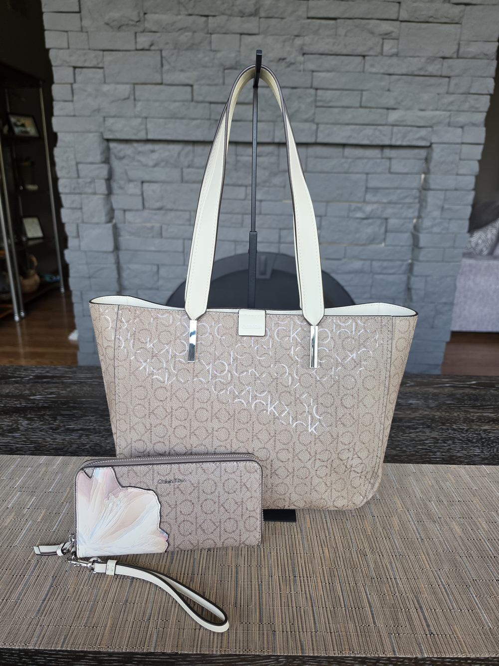 Calvin Klein Beige Signature Tote Bag with Wristlet Full Size Wallet